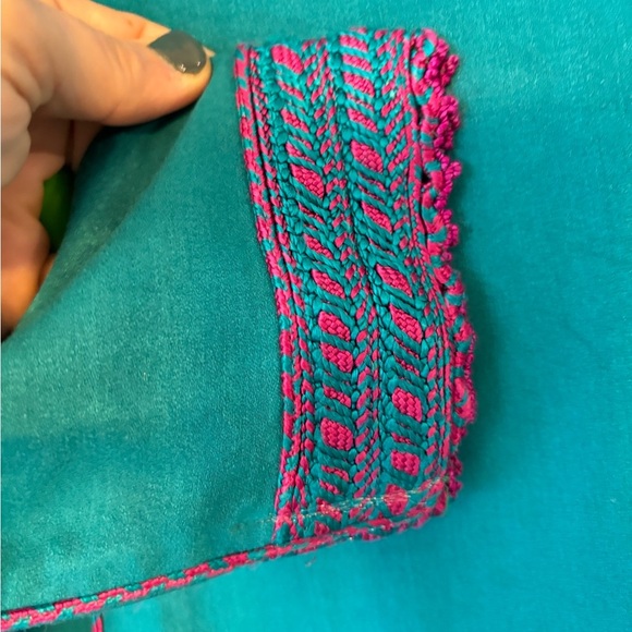 Tradition Djellaba Womens Long Hooded Kaftan‎ Teal Pink Embroidered Pocket Holes - Picture 2 of 9